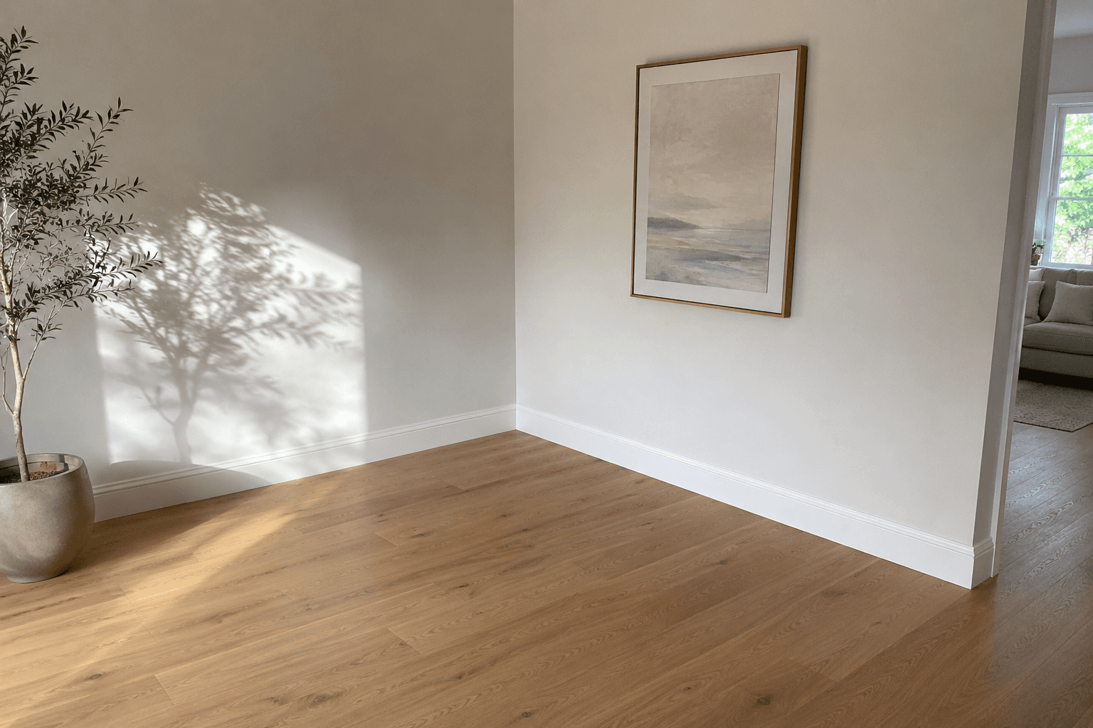 Drywall and paint placeholder showing a smooth repaired wall and crisp trim line.