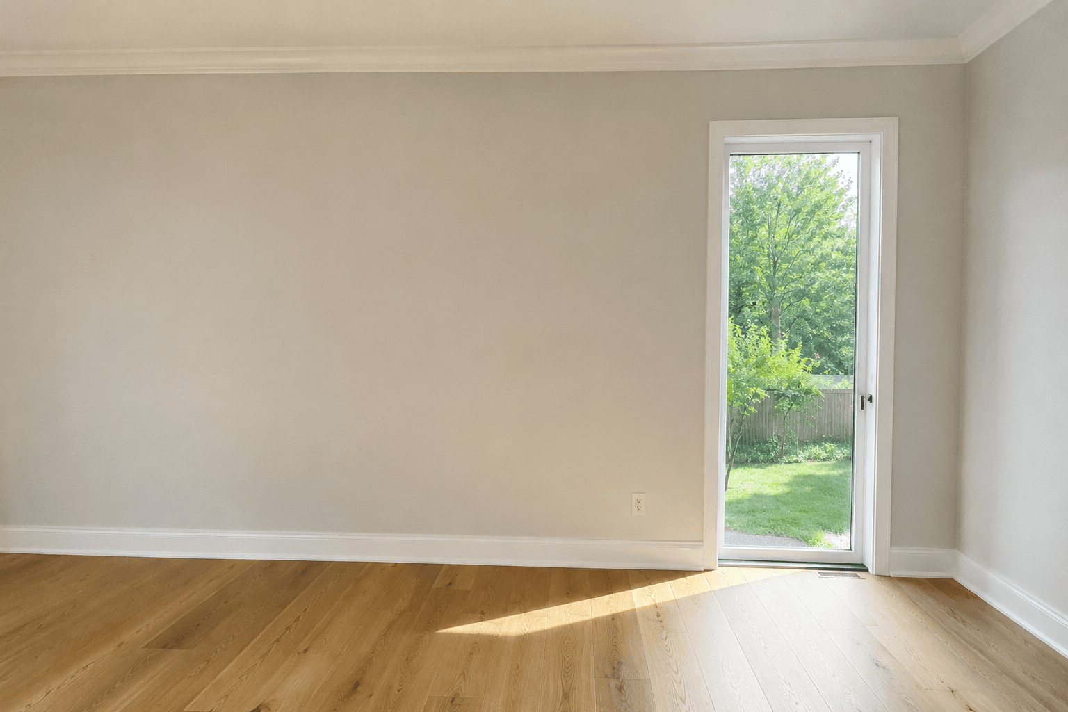 Trim carpentry placeholder showing clean baseboard, casing, and crown detail.